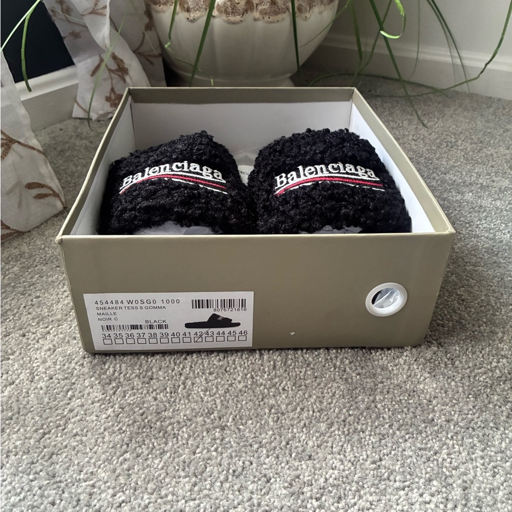 Balenciaga Black Sherpa Logo Slide Socks with Red & White Trim